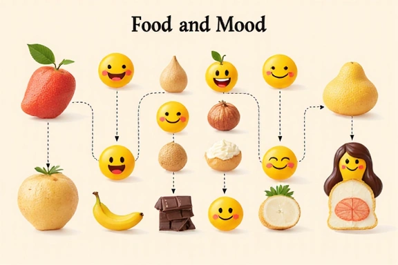 Un grafico che mostra la relazione tra cibo e umore, con icone di alimenti e faccine.