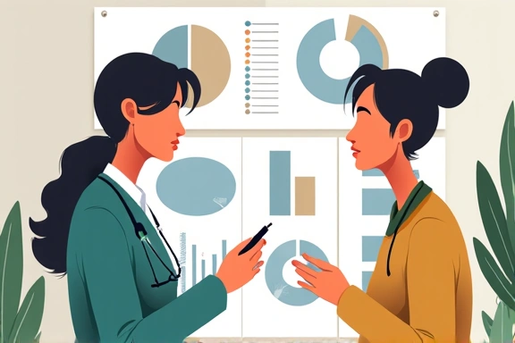 Illustrazione di un professionista della nutrizione che analizza dati e parla con un paziente in un ambiente clinico